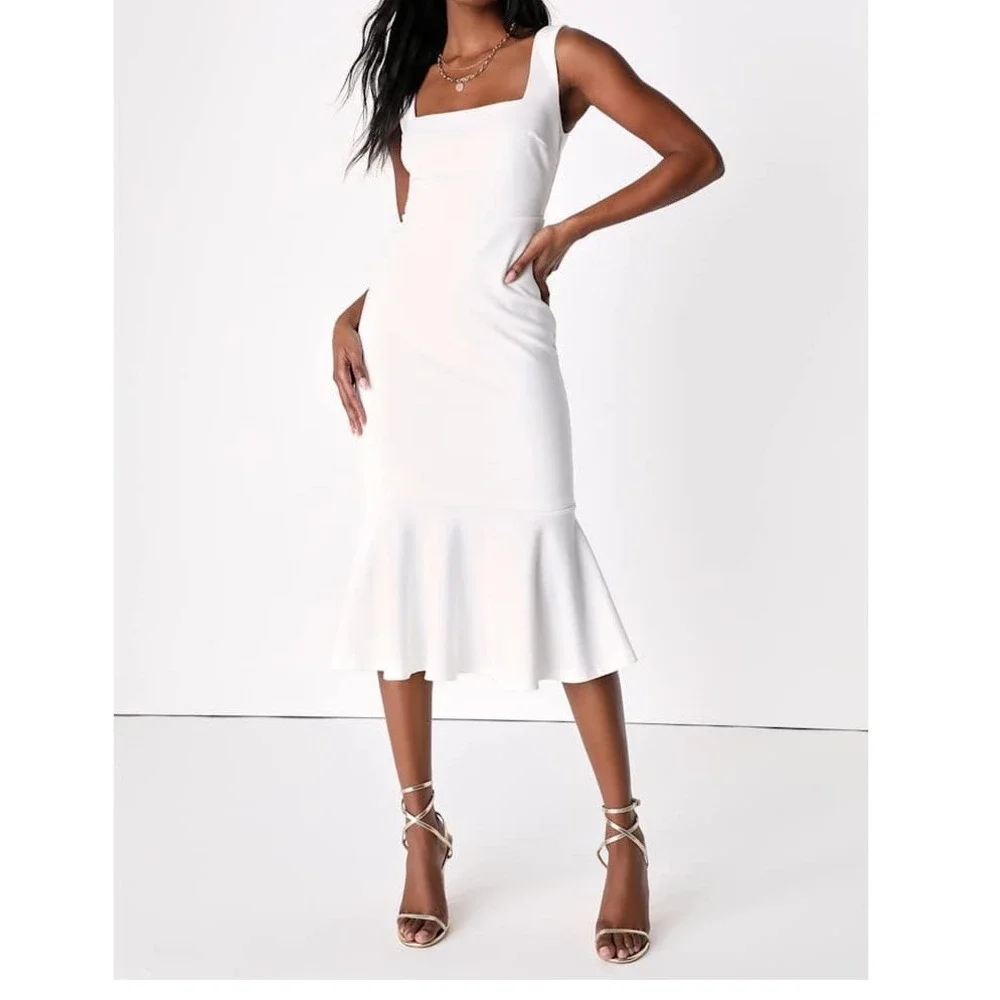 NWT Lulus Moment Maker White Square Neck Trumpet Midi Dress Large